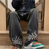 Spring and Autumn Men's Vintage Flame Printed Jeans Baggy Streetwear Wide Leg Denim Trousers Hip Hop Straight Pantalones