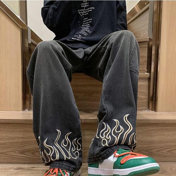 Spring and Autumn Men's Vintage Flame Printed Jeans Baggy Streetwear Wide Leg Denim Trousers Hip Hop Straight Pantalones