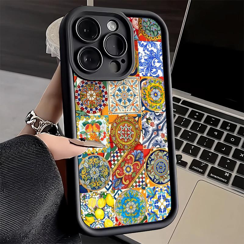 Чехол для телефона iPhone 17 Air 16E 15 16 Pro Max Итальянский Сицилийский Стиль Цветочный Узор Чехол 14 Plus 13 12 Mini Мягкий Корпус Силикон