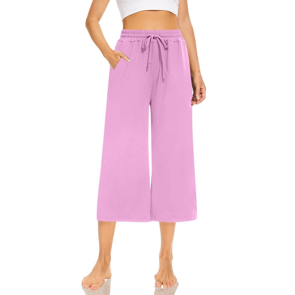 Женские свободные укороченные брюки, широкие брюки для йоги на шнурке, удобные брюки с карманами