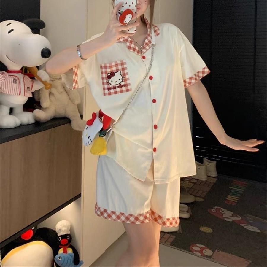 Korean version contrasting color collar soft cute pocket Kitty cat pajamas women's summer short-sleeved shorts set princess style loungewear