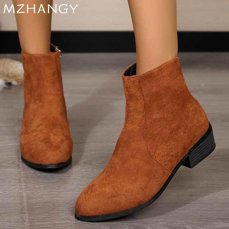Модные женские ботильоны из массивной замши, модные элегантные туфли на среднем каблуке для женщин 2024 года, зимние повседневные удобные туфли для прогулок, для путешествий, Zapatos