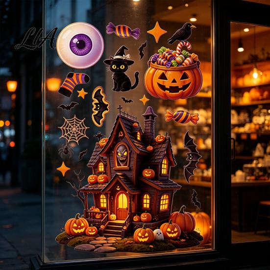Cute Witch Bat Decals Halloween Static Window Clings, Glass Stickers with Ghost Cat Spooky Theme Party Supplies Patterns, Reusable Holiday for