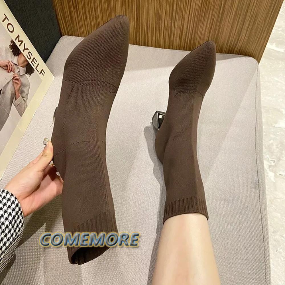 2025 Новые осенне-зимние толстые универсальные тонкие сапоги на высоком каблуке, женские заостренные носки средней длины, эластичные носки, женские модные сапоги