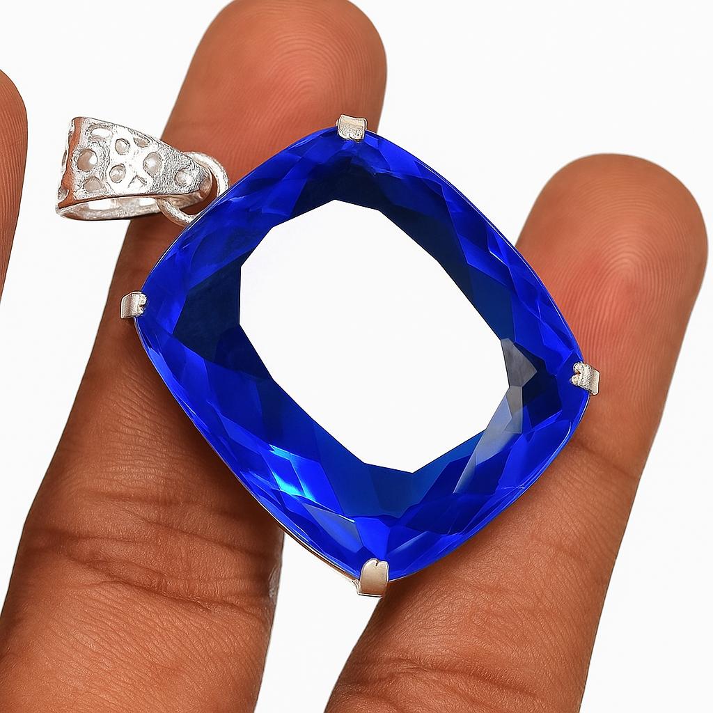 87.9 Ct Blue Sapphire CERTIFIED 925 Sterling Silver Cushion Gemstone Pendant AI-102-NS