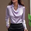 Women Shirt Lapel Swing Collar Long Sleeve Casual Loose Fit Shirt Solid Color Versatile Smooth
