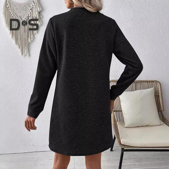 Платье весна-осень с фактурными длинными рукавами и круглым вырезом, однотонное свободное прямое мини-платье, короткое платье-пуловер для поездок на работу, свиданий, путешествий