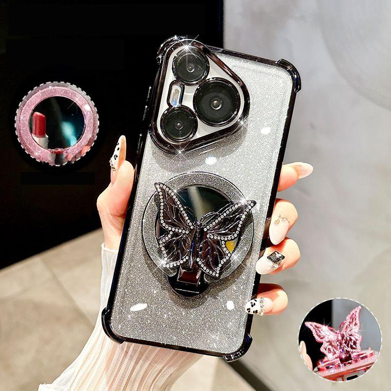 Butterfly Glitter Mirror Holder Phone Case For Samsung S25 S24 S23 S22 S21 S20 Plus FE Ultra Shockproof Soft Silicon Stand Cover