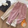 Girls' Thickened Corduroy Pants - Autumn/Winter Style, Plush Outerwear, Fleece Lined, One-Piece Cotton for Babies and Children.