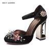 Мода Лето Ретро Цветочные Плюшевые Туфли Женские Туфли-Лодочки Роскошные Вырезы Клетка для Птиц Высокий Каблук Кристалл Женские Женские Сандалии Большой Размер 34-43