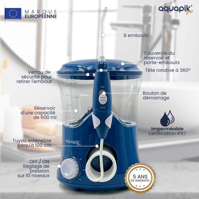 Aquapik® pro jet dentaire | recommandé par des dentistes | 8 embouts + 10 niveaux de pression + réservoir de 600 ml. blue