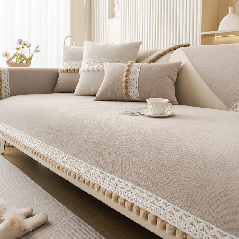 Chenier Sofa Cushion, All-Season Non-Slip Seat Cushion Ins Cream Wind Straight Row Three-Person Leather Sofa Cover Towel