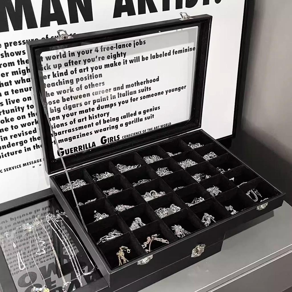 Черная бархатная шкатулка для украшений с решеткой и крышкой — высококачественное пыленепроницаемое хранилище для ожерелий, колец и сережек