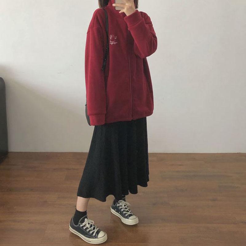 Зимняя женская флисовая куртка, модная корейская толстая куртка на молнии с высоким воротом и вышивкой, подходит для молодых женщин