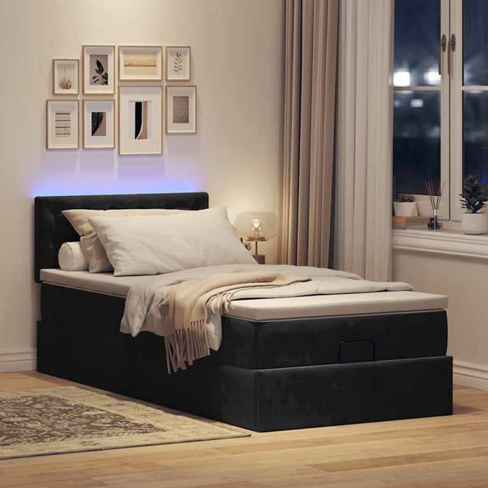 Lit ottoman - Maison Exclusive - 80x200cm - Velours noir - Matelas inclus - LED intégrée