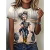 Summer Round Neck 3D Artoon Girl and Cat Graphic Print Top Fashionable Casual Short Sleeved Women's T-shirts