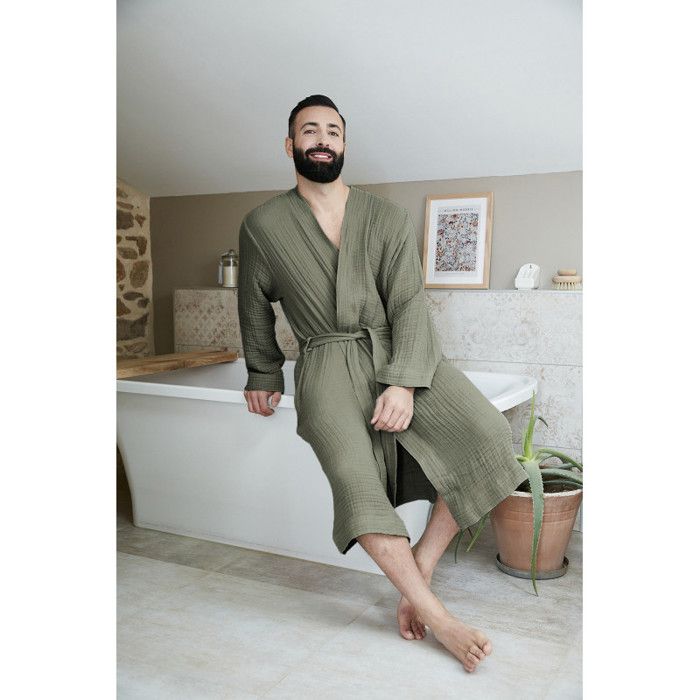 Peignoir kimono mixte Gaze de coton unie Gaïa - Gaïa Romarin - Taille S/M