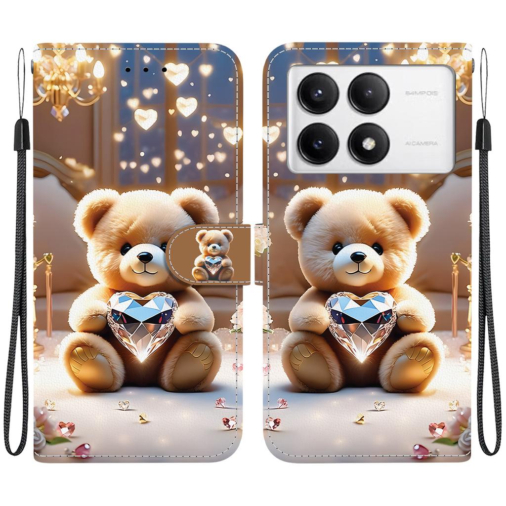 Handmade PU Leather Flip Case for Xiaomi Poco F6 Pro Anti-Slip Shockproof Cover with Wrist Strap & Heart/Rose Cat Designs