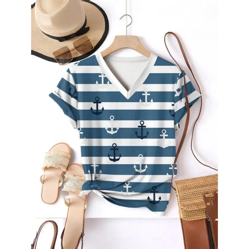 Полосатая графическая 3D футболка женская летняя с V-образным вырезом и коротким рукавом, праздничная повседневная футболка, женская уличная одежда, футболка оверсайз