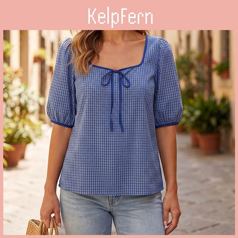 Square Collar Summer Women Zanzea Casual Short Sleeve Plaid Print Blouse