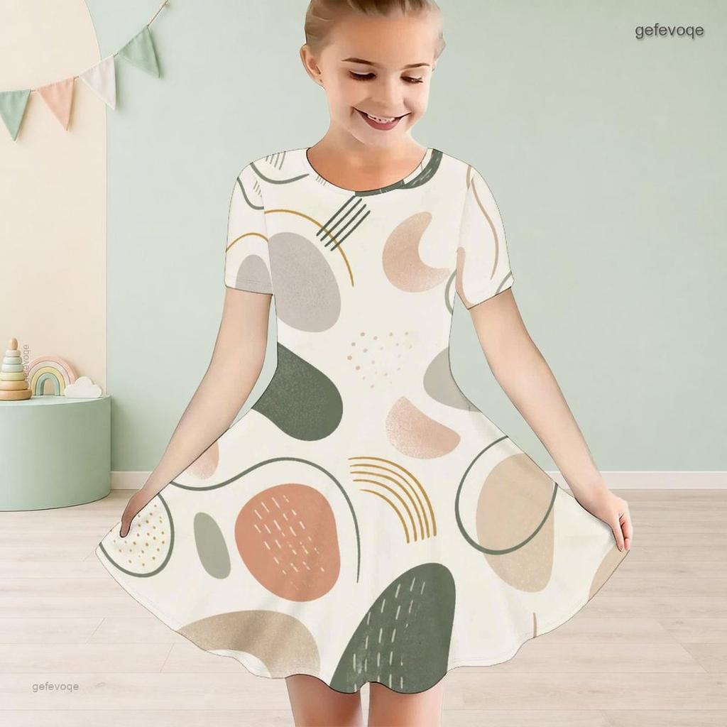 Girls Round Neck Short Sleeve Abstract Printed A Line Flared Dress