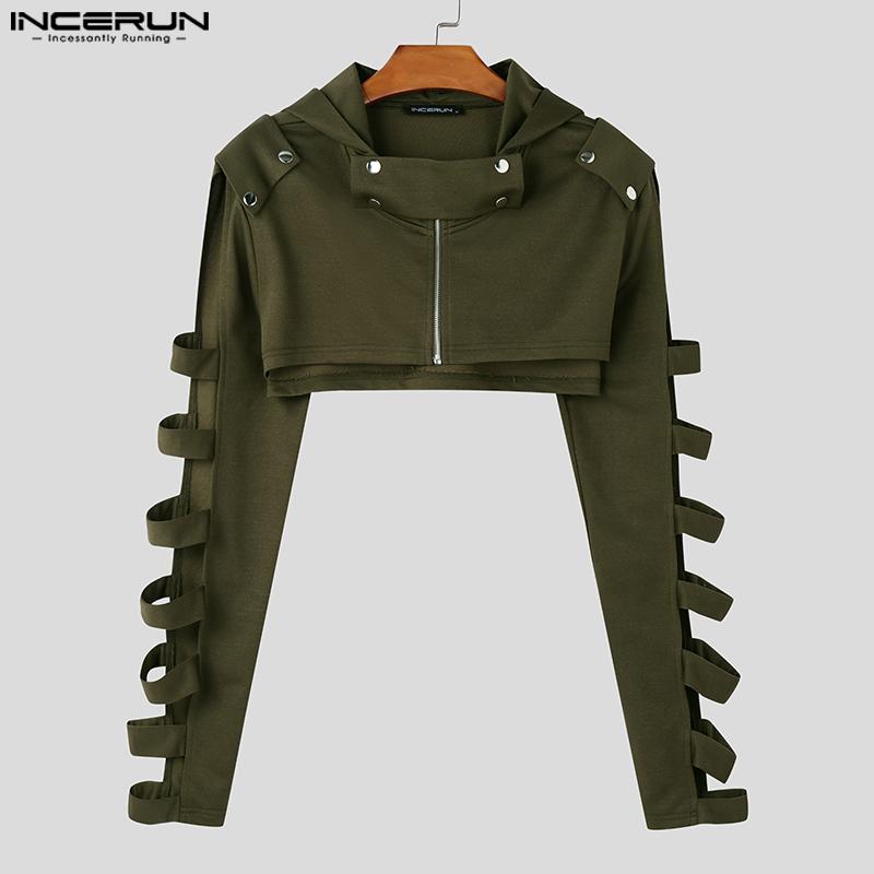 INCERUN Мужские короткие топы с длинным рукавом, однотонные укороченные толстовки с капюшоном