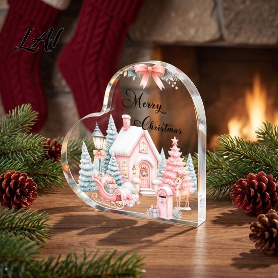 Romantic Christmas Gifts Heart Shaped Acrylic Tabletop Sign 2D Winter Snow Scene Desktop Ornament Home Party Supplies with Santa Snowman &