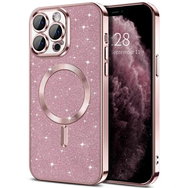 Electroplate Glitter Case For For Iphone 16 15 14 13 12 11 Pro Max Plus For Magsafe Wireless Charge Bumper Cover With Lens Protector