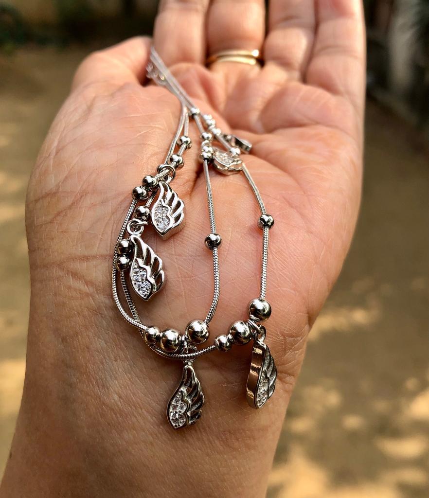 Artisan Crafted 925 Silver + Cz 1 pair Charm Anklet, Feather Design Jewelry, Handmade, Handcrafted, Elegant, Beautiful