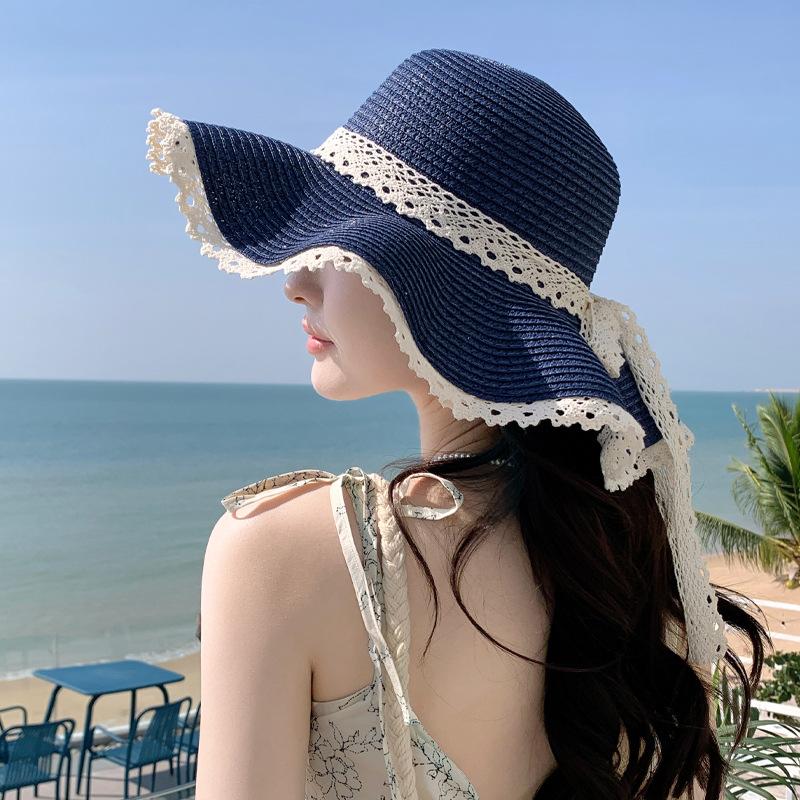 Летняя защита от солнца шляпа от солнца детская морской отдых соломенная шляпа волнистое кружево шляпа от солнца