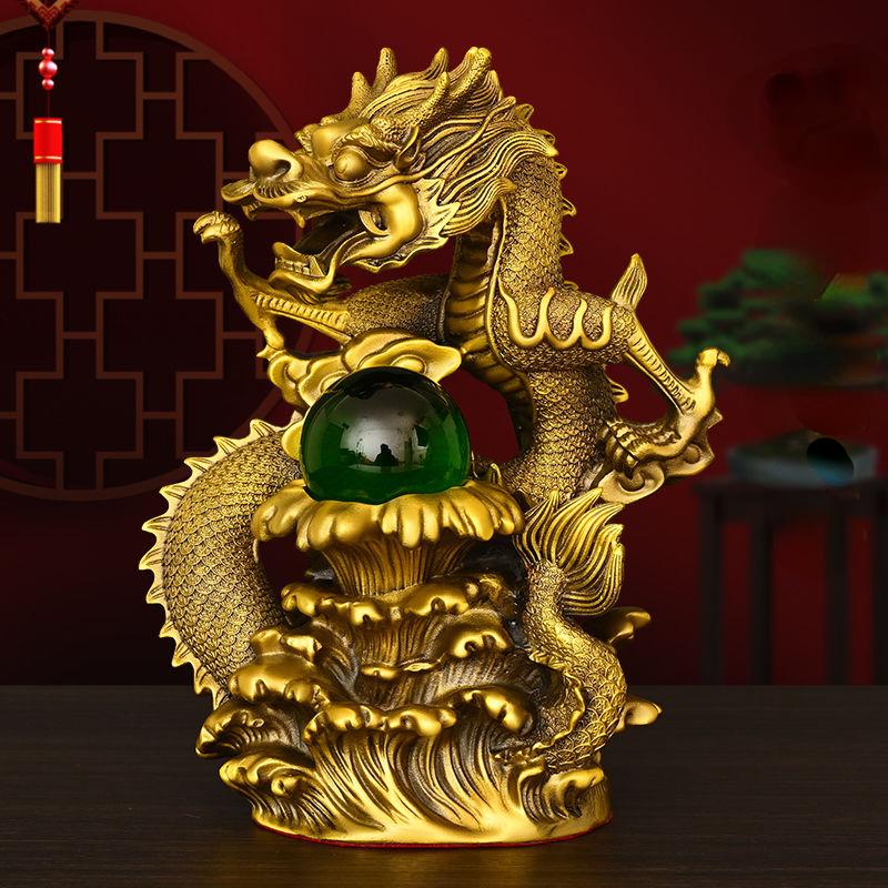 Chinese Style Fengshui Wealth Attract Brass Dragon Ornaments Auspicious Dragon Playing with Pearls Living Room Decoration
