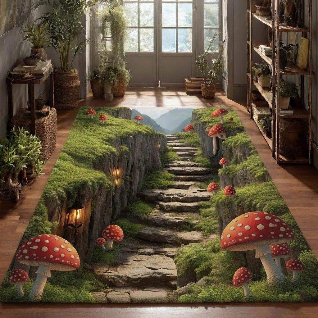 Red Mushroom Stone Hole Printed Carpet Forest Frog 2D Printed Door Mat Living Room Bedroom Home Decor Carpet