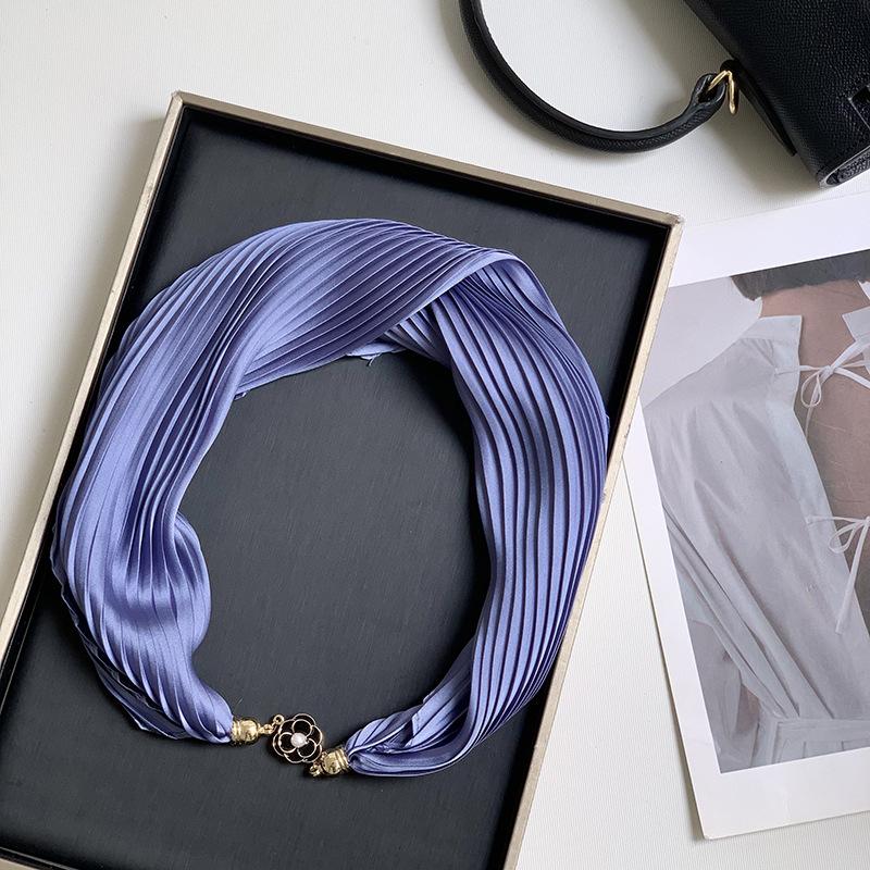 Новый монохромный магнитный шелковый шарф-ожерелье для женщин, плиссированный летний солнцезащитный головной платок, декоративный шарф