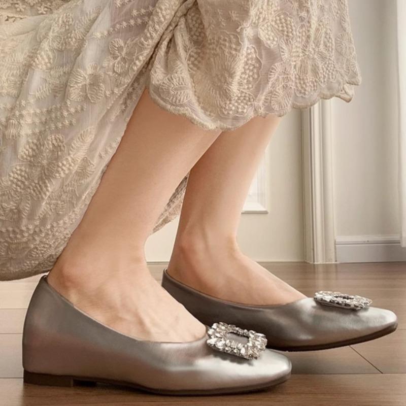 Fashion Inside Heightened Flat Shoes Summer New Square Toe Shallow Mouth Crystal Square Buckle Soft Sole Soft Leather Single Shoes