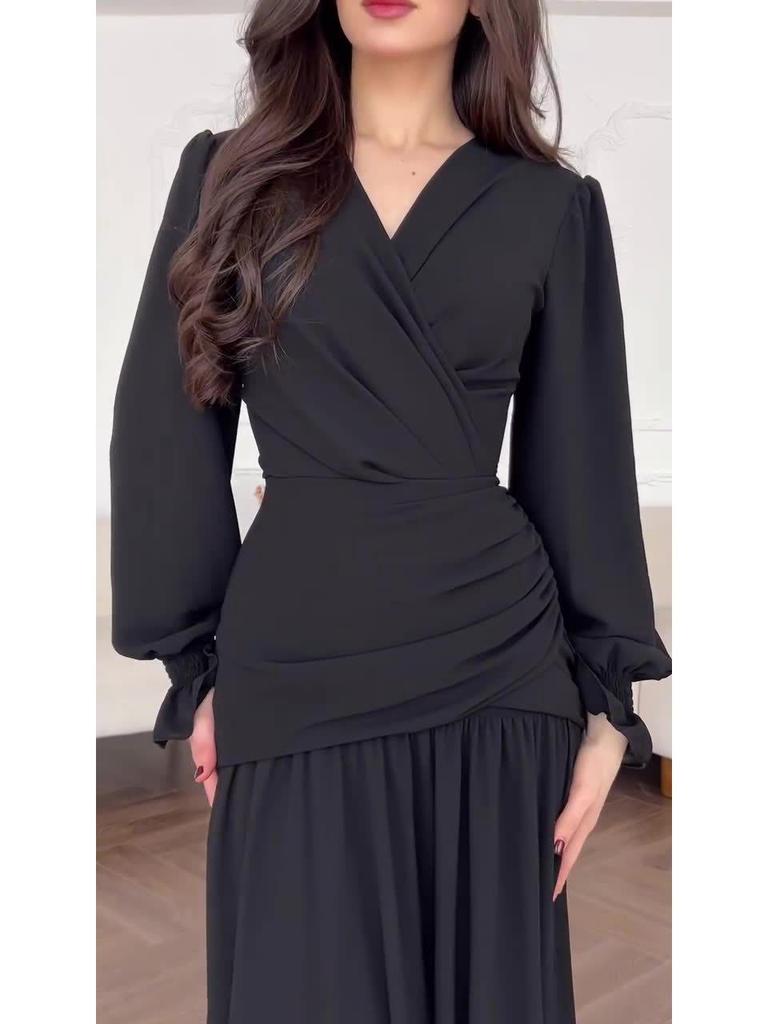 Весеннее шифоновое черное платье в европейском и американском стиле для женщин 2025