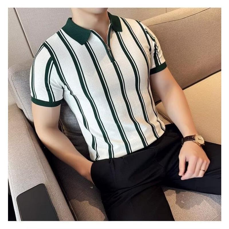 Men S Striped Short Sleeve Polo Shirt Business Casual Summer