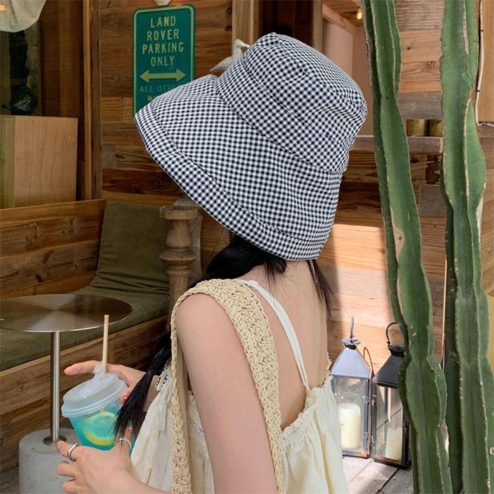 Корейский стиль Шляпы-ведра на шнурке Летняя шляпа рыбака Новые клетчатые шляпы от солнца для отдыха на природе