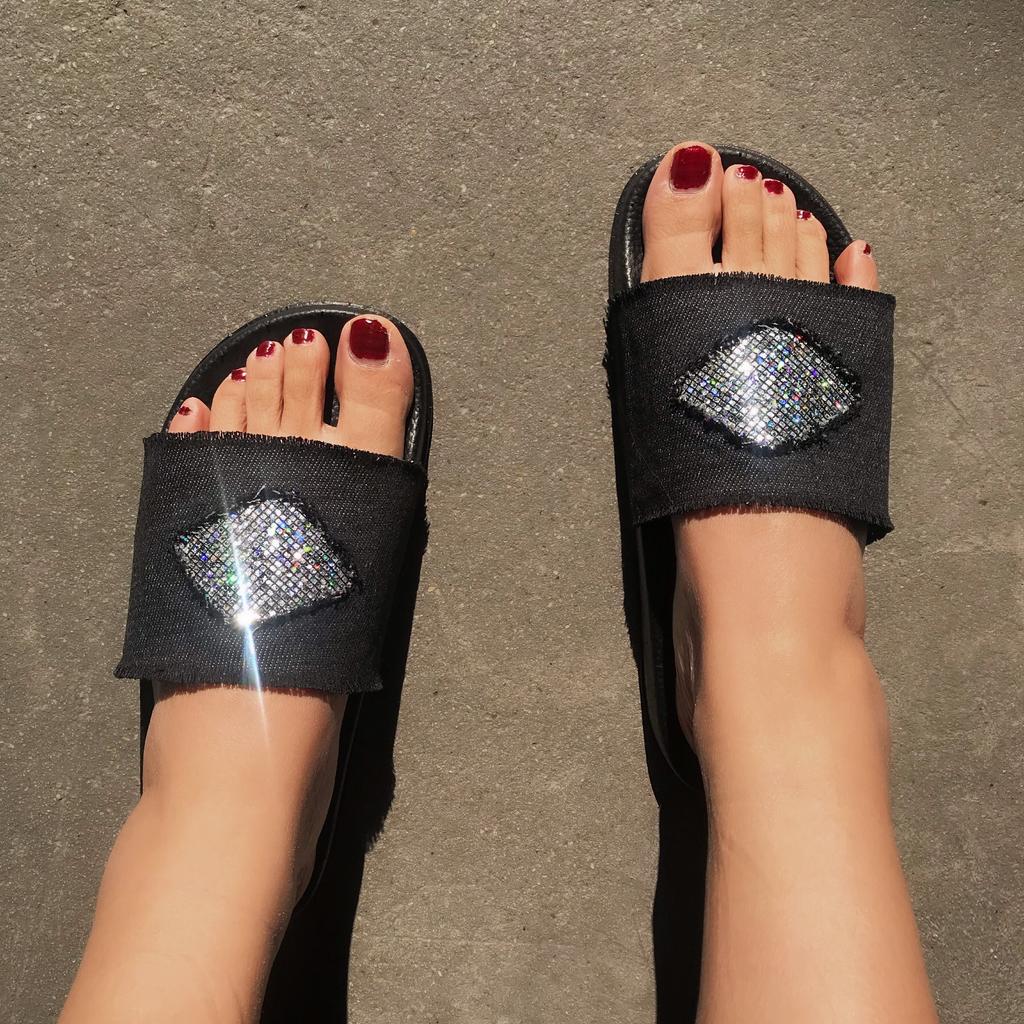 New Fashion Women's Summer Bling Flashing Sandals Denim Flat Slippers Flip Flops Women Sandals Zapatos De Mujer