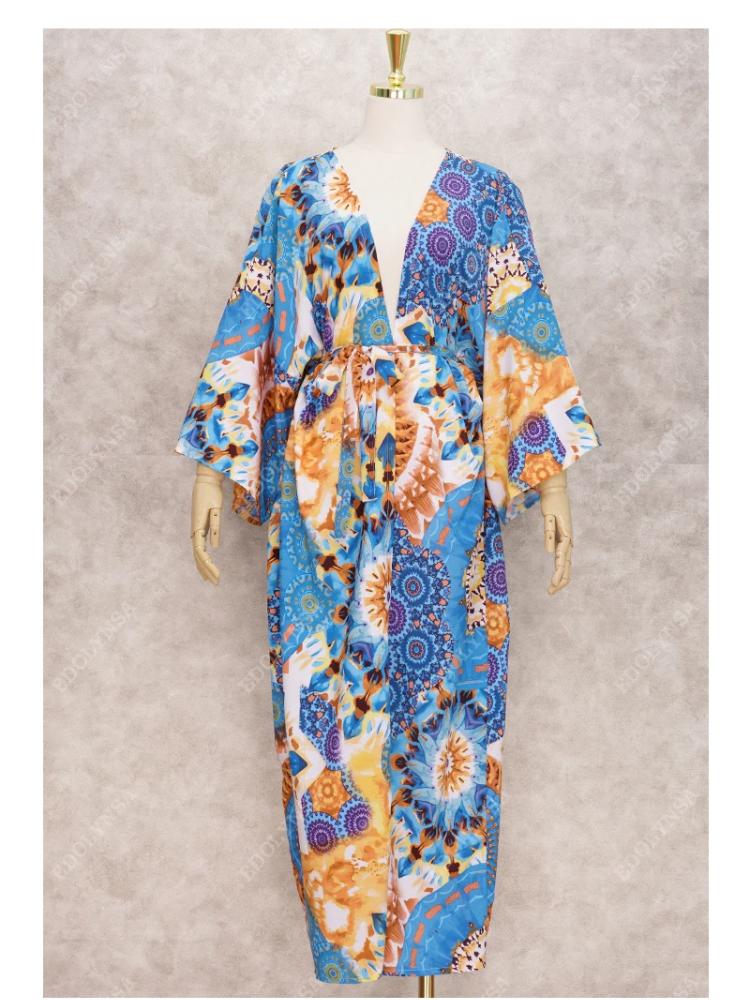 EDOLYNSA Синий богемный длинный кимоно с принтом, женский сексуальный купальник, бикини, накидки, летняя пляжная одежда, саронг, пляж