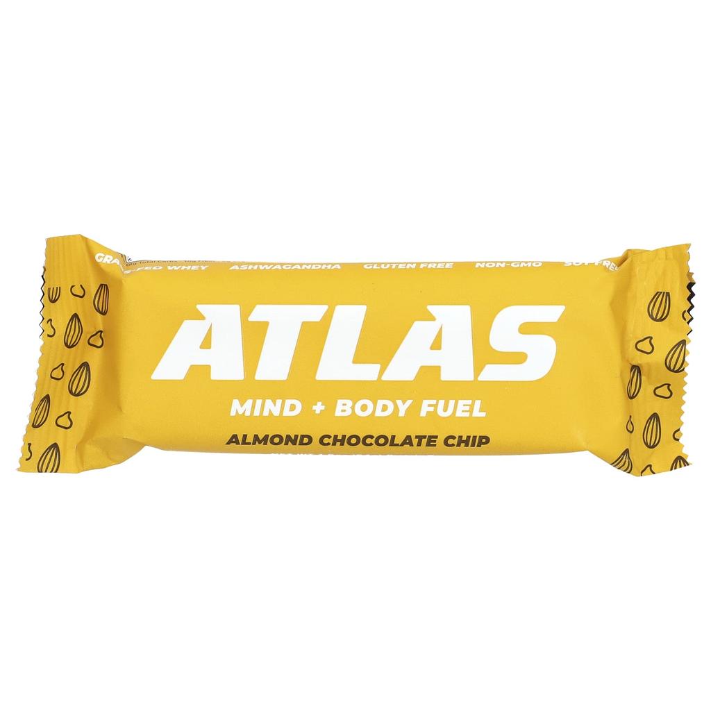 Atlas Bar Grass-Fed Whey Protein Bar, Almond Chocolate Chip, 12 Bars, 1.9 Oz (54 G) Each