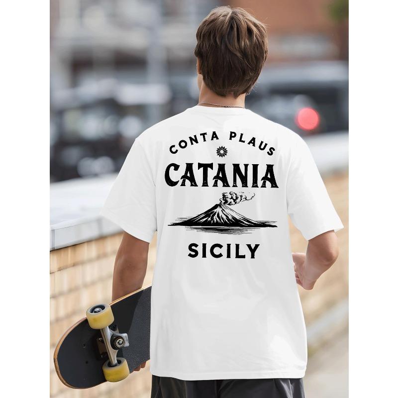 Мужская футболка Catania в итальянском стиле с принтом на спине - Графика с изображением вулкана Этна и Катании, Дышащая, Круглый вырез, Короткий рукав, Спортивный крой для спортзала, Баскетбола