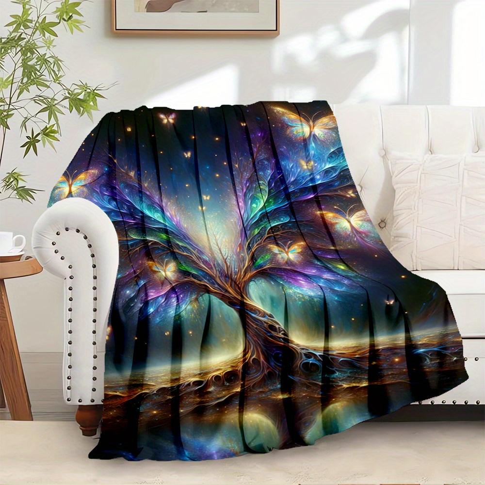 For Tree of Life,Butterflies,Cosmic Energy-Themed Flannel Blanket, Glam Style, Digital Print, All-Season Comfort, Tear-Resistant, Knitted Cr