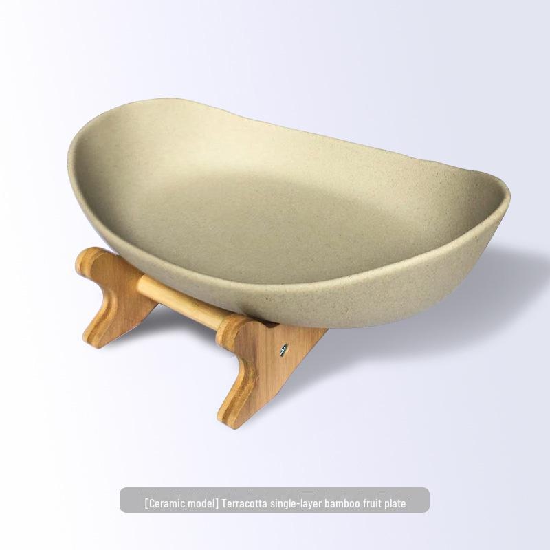Трехслойный керамический поднос для фруктов в европейском стиле с бамбуковой и деревянной подставкой, идеально подходит для закусок и сухофруктов.