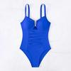 Women One-Piece Swimsuit Deep V-Neck Pleated Solid Color Monokini Quick-Drying Swimwear Beachwear