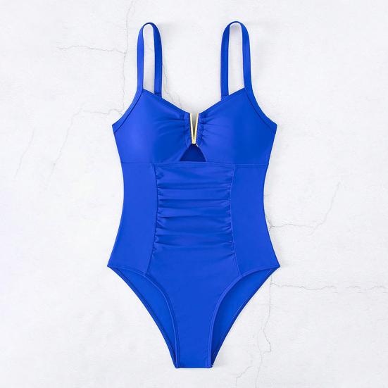 Women One-Piece Swimsuit Deep V-Neck Pleated Solid Color Monokini Quick-Drying Swimwear Beachwear