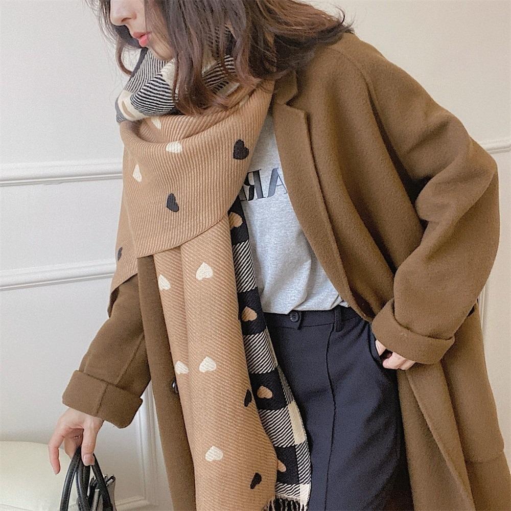 Love Heart Plaid Neck Warmer Coldproof Tassel Neckerchief New Imitation Cashmere Shawl Women