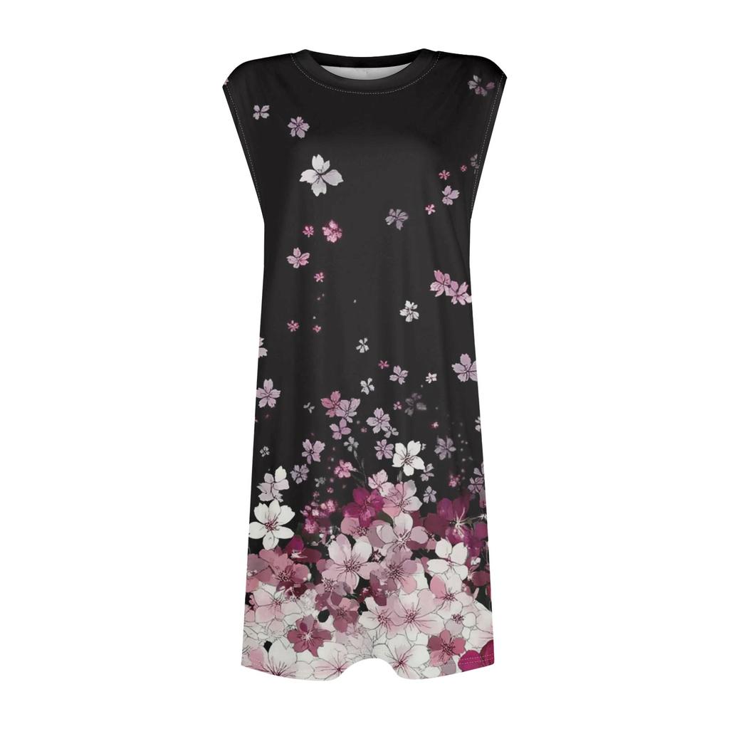 Женское повседневное и модное платье средней длины с круглым вырезом и без рукавов с принтом