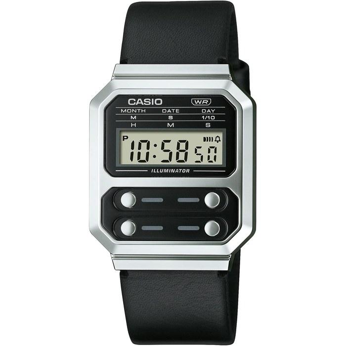 Casio Digital Watch A100WEL-1A Men's Silver & Black Leather Band