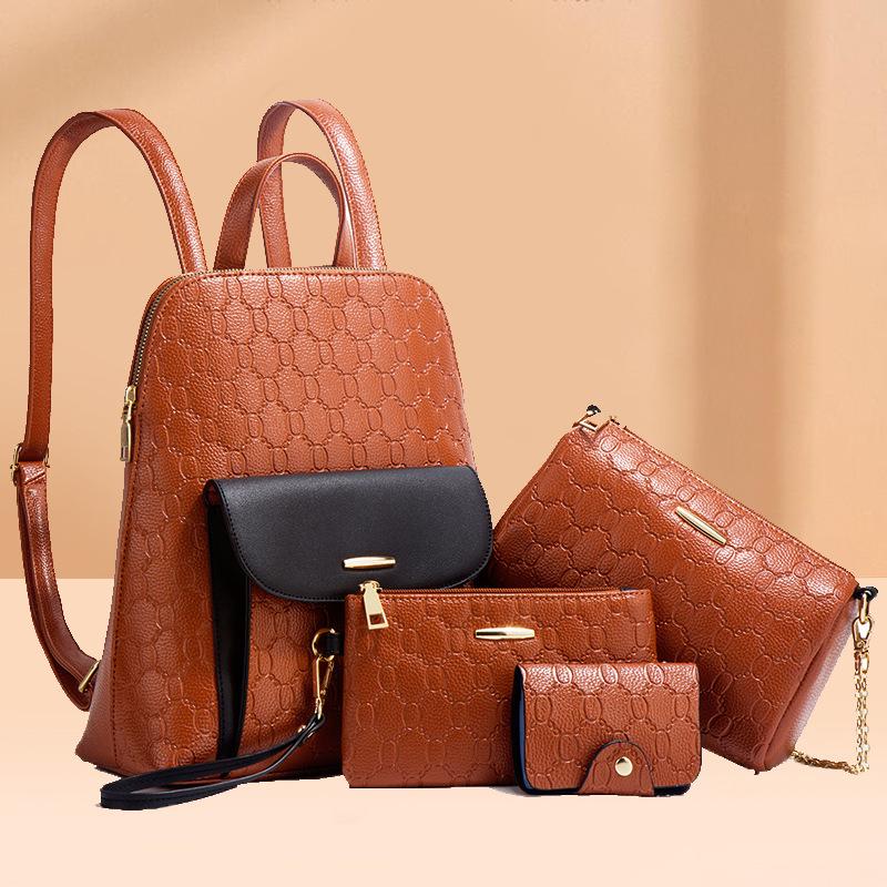 4-Piece Quilted Crossbody Shoulder Bag Set for Women, Large Capacity Chain Tote Backpack, Trendy Minimalist PU Leather Handbag