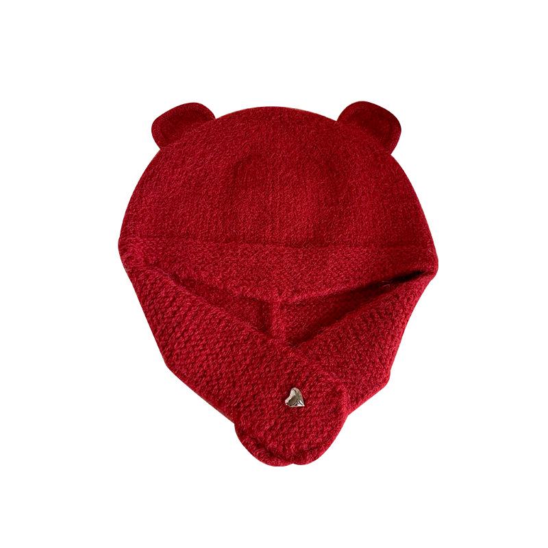 Women’s Knitted Bear Ear Lei Feng Hat - Warm, Cute, Fashionable Wool Hat for Autumn and Winter